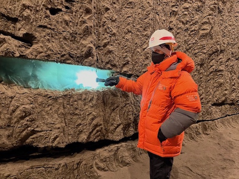 Debbie Huntzinger in CREEL Permafrost tunnel, blue ice